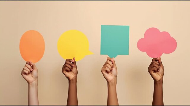 Hands holding colorful speech bubbles against a neutral background, symbolizing communication and dialogue