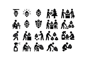 vector solid black filled icons Pinecones (Scenes) cone, hanging, glowing, shining, decorating, crafting, gifting, wrapping, selling, buying, carrying.