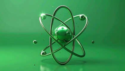 Green 3D rendered atom model, futuristic concept for science background