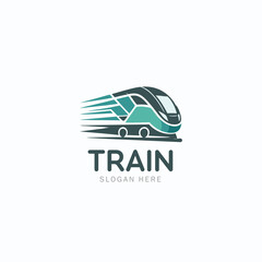 Train logo design with fast modern locomotive for transport, travel, railway, and logistics branding