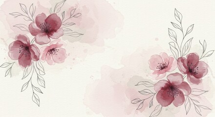 Watercolor floral design with pink flowers and sketched leaves on a light background corner arrangement