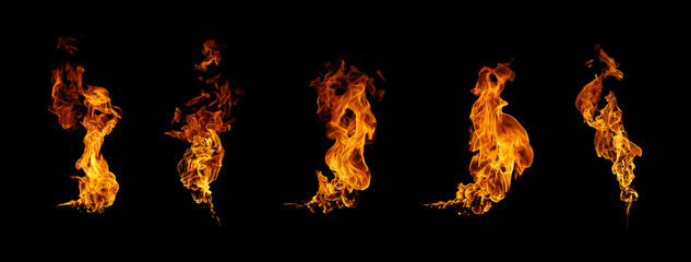 Realistic vertical fire flames isolated on black background. Perfect for graphic design, photo...