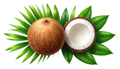  Top-Down Flat Lay of Coconut With Wellness App Icon, Logo, and Health Green Leaves, Transparent Background.