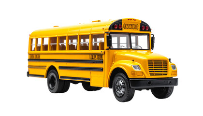 Yellow toy school bus model with windows and wheels, isolated on transparent background, cute educational transport concept.