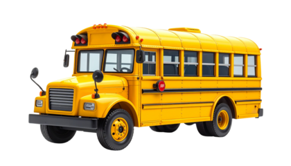 Yellow toy school bus model with windows and wheels, isolated on transparent background, cute educational transport concept