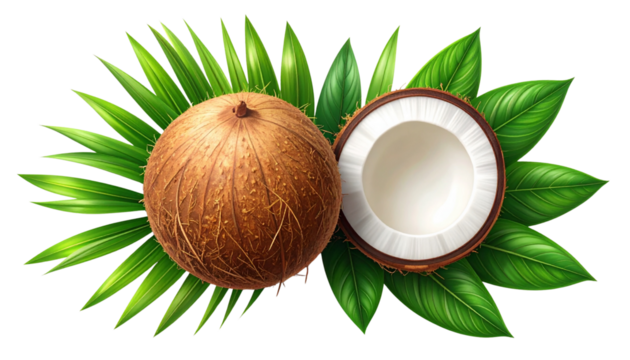  Top-Down Flat Lay of Coconut With Wellness App Icon, Logo, and Health Green Leaves, Transparent Background. - Powered by Adobe