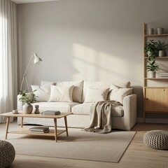 Obraz premium A bright and airy living room with a comfortable sofa, coffee table, and bookshelf, bathed in natural light.