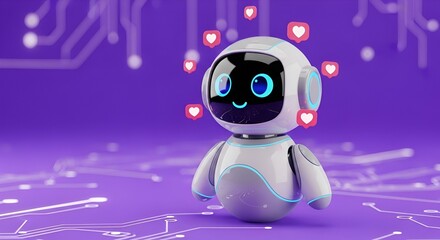 A cute white robot with blue eyes surrounded by heart icons on a purple circuit board background