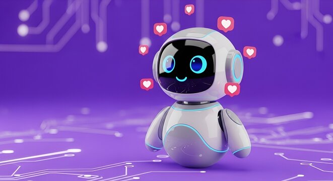 A cute white robot with blue eyes surrounded by heart icons on a purple circuit board background - Powered by Adobe