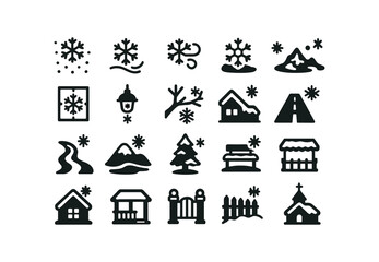 Fototapeta premium vector solid black filled icons Snowflakes (Scenes) snow, falling, flake, drifting, swirling, piling, melting, freezing, window, frost, lamp, branch, roof, road.
