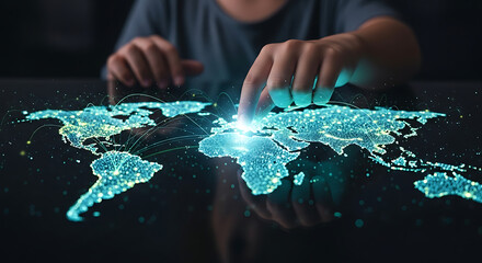 Connecting the world with a touch, global network visualization on illuminated map, representing business connections and international data transfer solutions