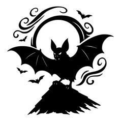 Black Bat Silhouette with Moon, Halloween Bat and Creepy Background
