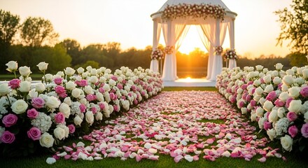 Outdoor wedding aisle with rose petals and white gazebo at sunset creating a romantic scene