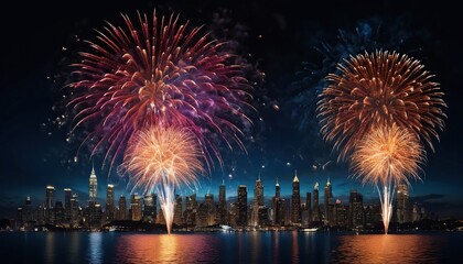Vibrant fireworks illuminate the urban cityscape and its stunning reflections on the dark waterfront at night