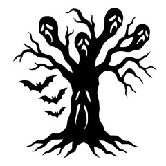 Haunted Tree with Ghostly Faces, Spooky Silhouette with Bats
