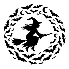Witch Flying on a Broomstick with Bats, Halloween Silhouette of a Witch and Bats