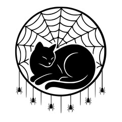 Silhouette of a Cat in a Spider Web, Black Cat with Spider Decor