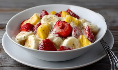 a bowl of fruit salad with banana, strawberry, and mango in a creamy milk dressing, served on a white plate.