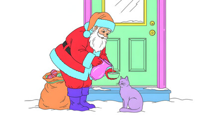 Whimsical cartoon illustration of santa claus giving a gift to a purple cat outside a colorful door isolated on white background
