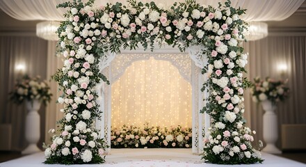 Floral archway with white and pink roses and greenery for a wedding or event decoration setup indoors