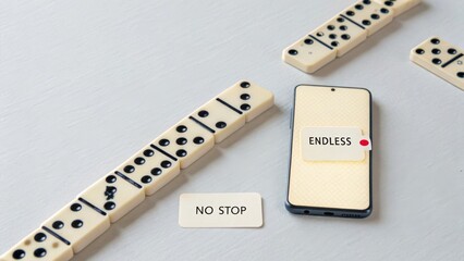 Domino tiles lined toward a smartphone screen showing endless play