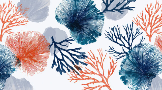 Experimental ocean design features vibrant coral patterns in blue and orange, creating stunning visual experience that captivates viewer