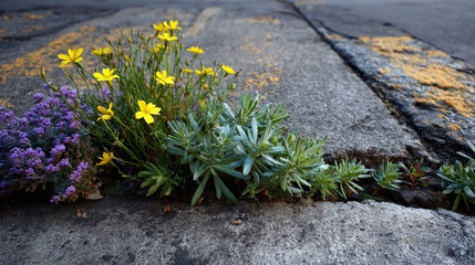 Urban expansion vs vegetation showcases resilient plants thriving in concrete environment, highlighting nature beauty amidst urban settings
