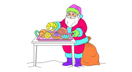 Illustration of santa claus standing next to a table filled with colorful christmas cookies and a sack of gifts isolated on white background
