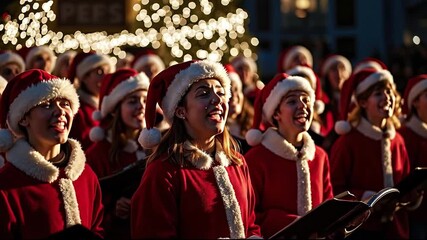 A group of children singing in a choir wearing santa hats - Powered by Adobe