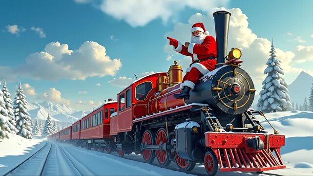 A santa claus riding on the back of a red train in the snow