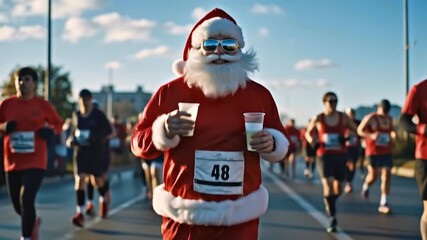 A man dressed as Santa Claus running in a marathon