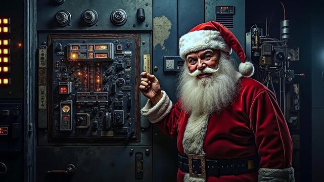 A santa claus is standing in front of a control panel
