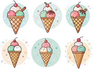 Cute ice cream cone illustrations with cherry toppings mint and strawberry scoops in pastel colors and waffle texture