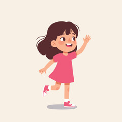 Smiling cartoon girl in pink dress waving. Happy child character greeting or playing.