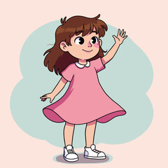 Adorable cartoon girl in pink dress waving, smiling. Cute child character illustration.
