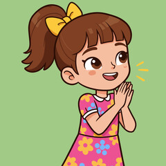 Smiling cartoon girl with hands together, expressing joy or speaking. Happy child character illustration.