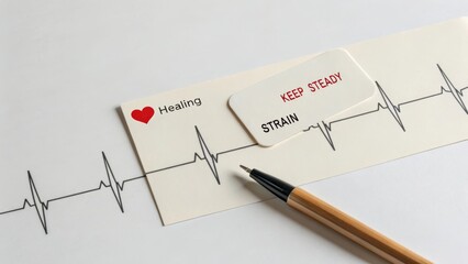 Heartbeat line drawn on paper with pen and message of healing