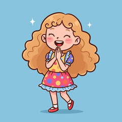 Cheerful cartoon girl with blonde curly hair expressing joy and excitement, hands clasped, surrounded by sparkles on a blue background.