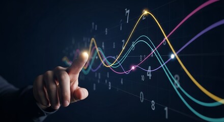 Hand interacting with colorful data visualization on dark background for analytical insights