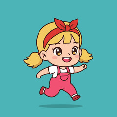 Adorable blonde cartoon girl in pink overalls running happily, cheerful child playing with a big smile, cute vector illustration