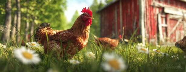The Rooster in Focus on a Sunny Farmyard with Rustic Barn