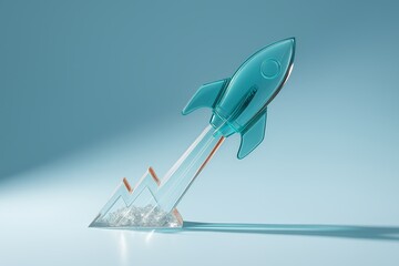 Transparent rocket sculpture with upward arrows symbolizing growth and innovation