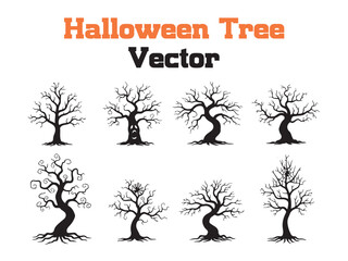Halloween Tree Silhouettes with Faces and Spiderweb