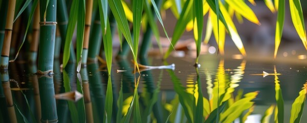 Obraz premium Serene reflection of bamboo leaves in still, clear water, photography, image, lake
