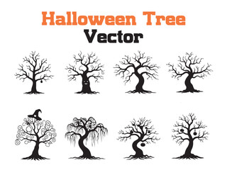 Halloween Trees with Witch Hat and Pumpkin Silhouettes