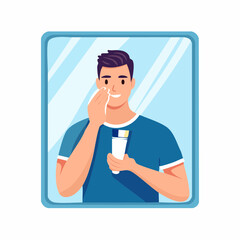 Man applying face cream in front of a mirror, skincare routine, grooming.