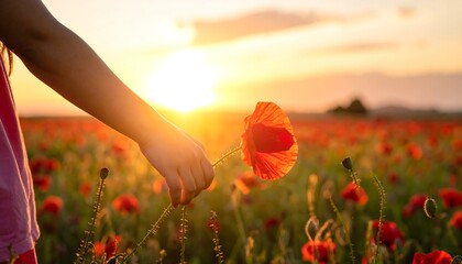 Hand reaching for a vibrant red poppy in a field, backlit by a brilliant, golden sunset. Lush wildflowers and sky