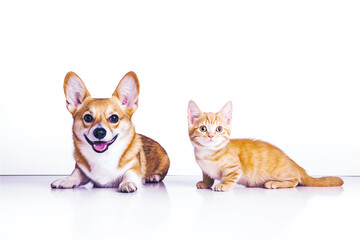 Obraz premium Playful corgi puppy and orange tabby kitten together on bright white background. Whimsical studio portrait filled with fun, innocence and clean copy space for mockup.