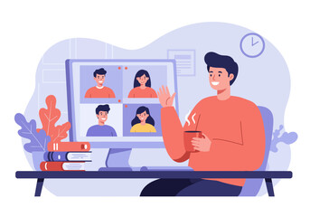 Worker using computer for collective virtual meeting and group video conference. Man at desktop chatting with friends online. Vector illustration for videoconference, remote work, technology concept