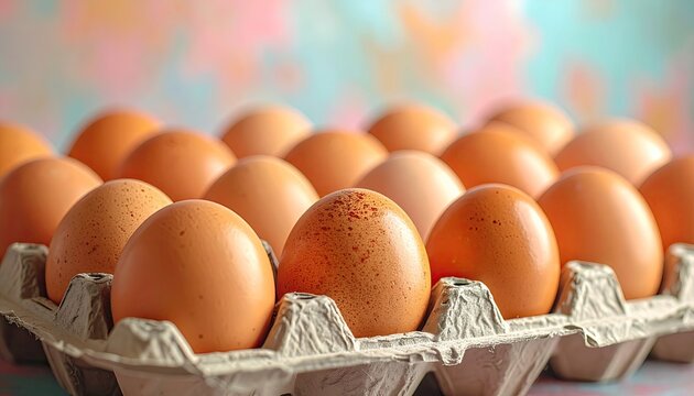Close Up Of Brown Eggs In A Cardboard Carton Against A Pink And Blue Floral Background In Natural Light